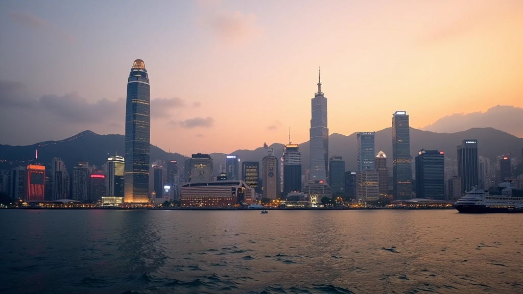 Hong Kong skyline at sunset showing financial district buildings and urban landscape