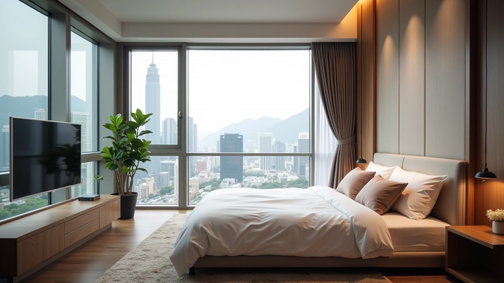 Modern apartment interior in Hong Kong with compact living space and city view through window