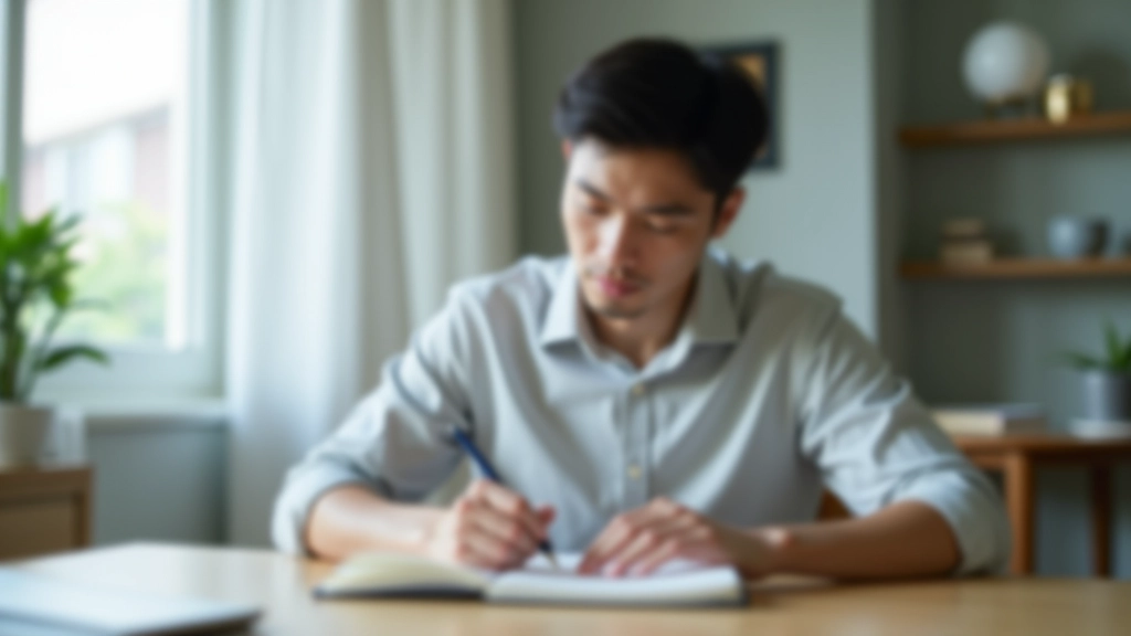 Person writing goals and milestones in organized planner with timeline marked by years, productive workspace