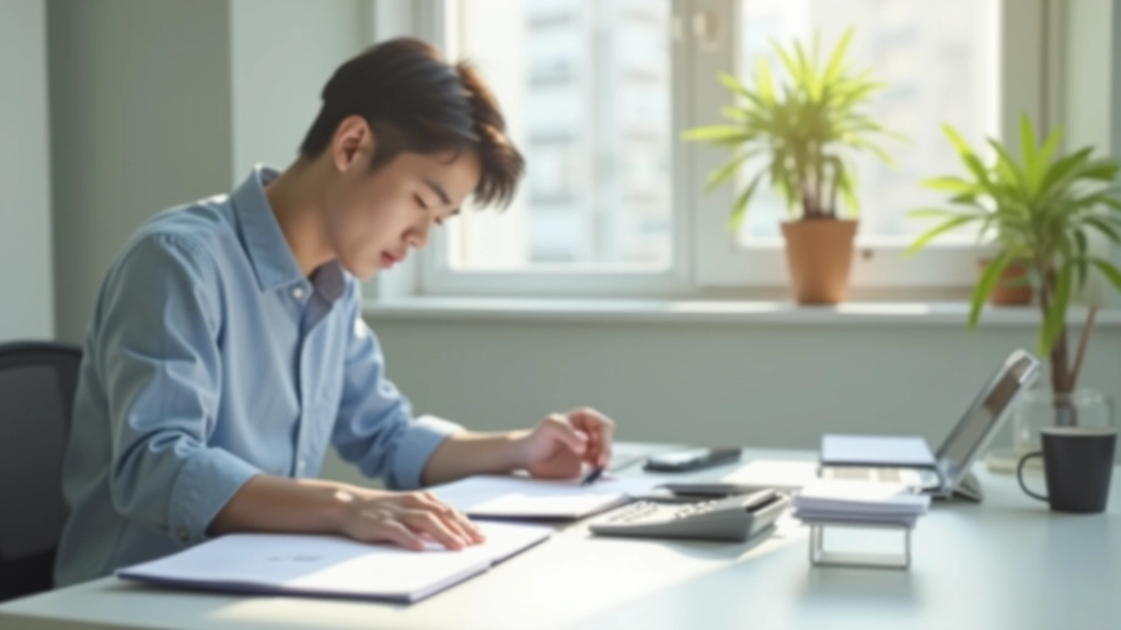 Person at desk organizing budget spreadsheet with calculator and financial documents, morning light from window